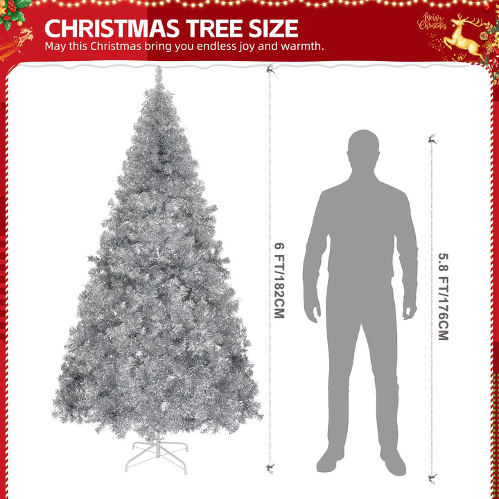 Full silver artificial Christmas tree on a metal stand