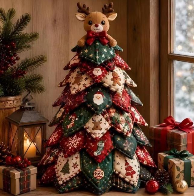 Quilted fabric Christmas tree with star topper