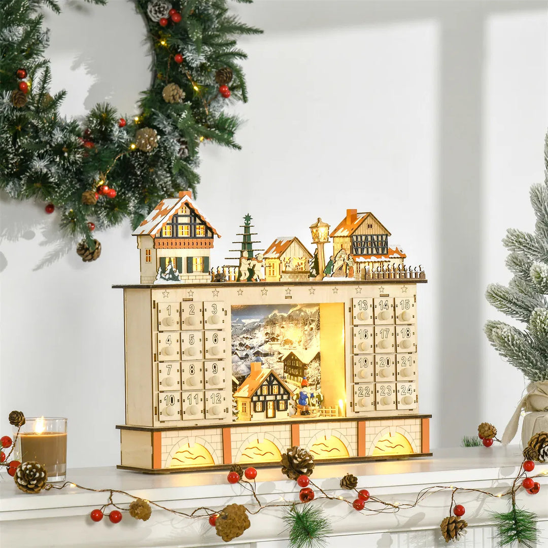 Lit wooden Christmas village advent calendar