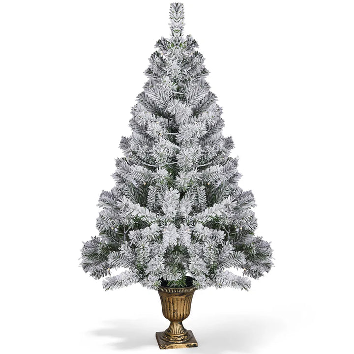 Small flocked Christmas tree in pot lit