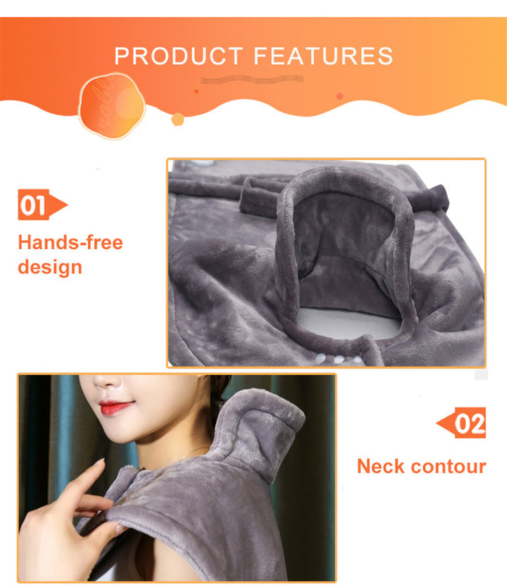 Gray flannel heated shawl over shoulders