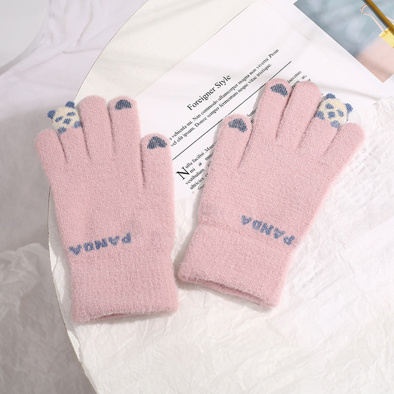 Pink knit gloves with small 3D panda