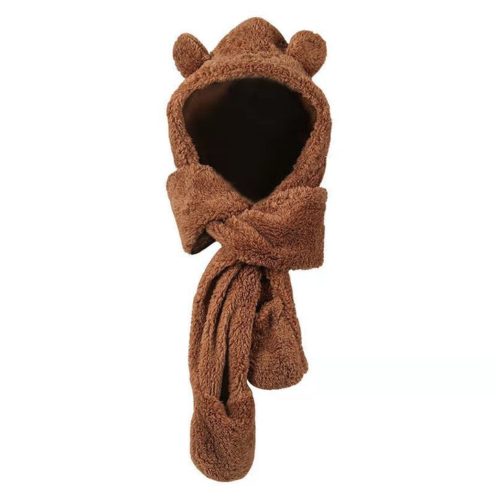 Woman wearing a teddy hood with bear ears