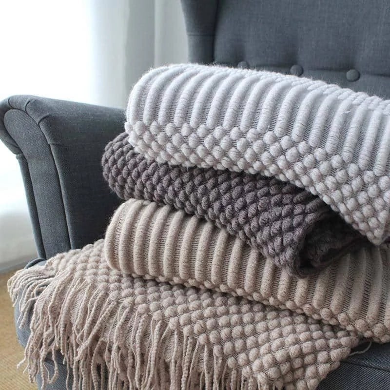 Popcorn Knit Throw Blanket with Fringe – Super Soft and Oversized