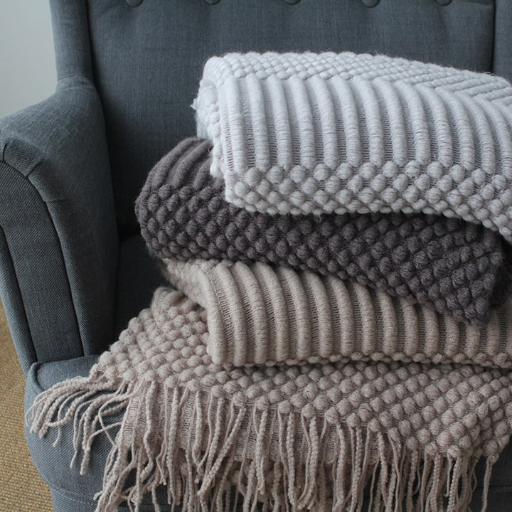 Popcorn Knit Throw Blanket with Fringe – Super Soft and Oversized