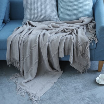 Textured Stripe Knit Throw Blanket with Knotted Tassel Fringe
