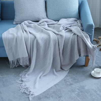 Textured Stripe Knit Throw Blanket with Knotted Tassel Fringe