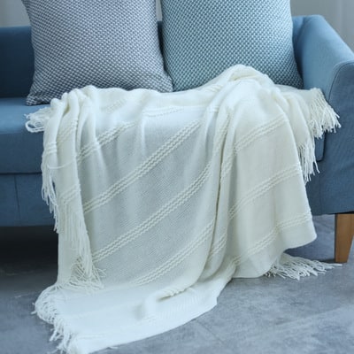 Textured Stripe Knit Throw Blanket with Knotted Tassel Fringe