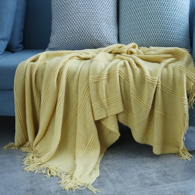 Textured Stripe Knit Throw Blanket with Knotted Tassel Fringe