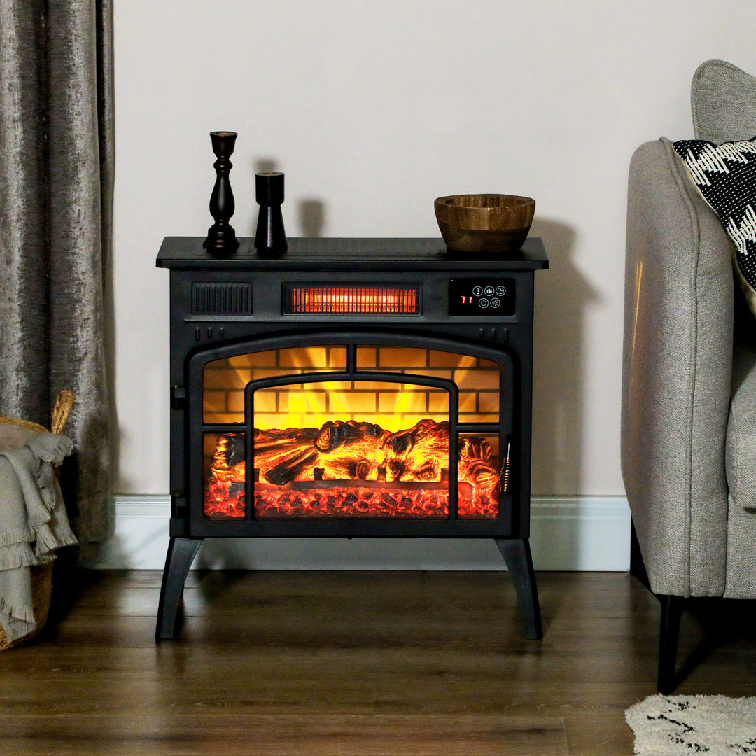 Black three-sided electric stove with colored flames