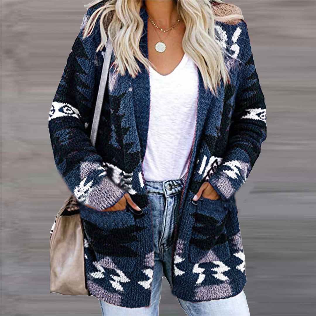 Woman in a geometric open-front cardigan