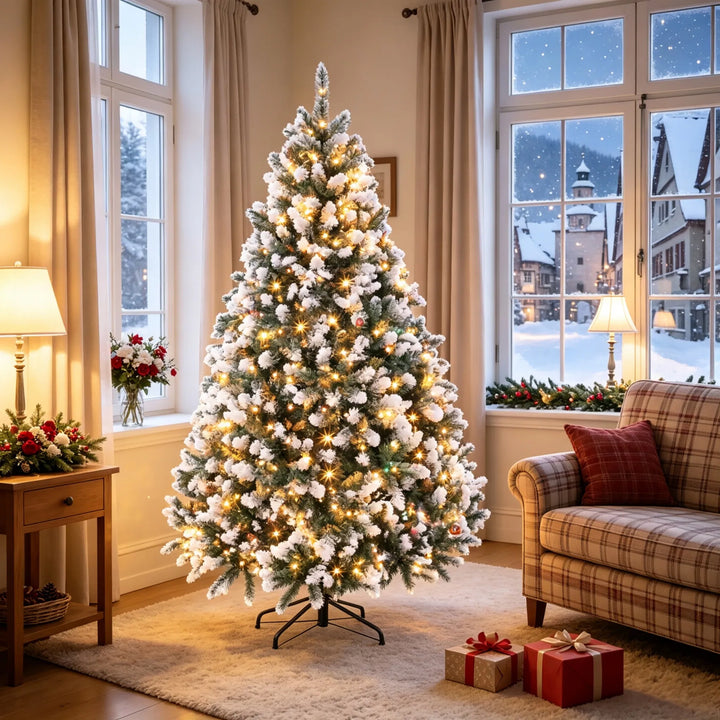 Snow tipped pre-lit Christmas tree with remote
