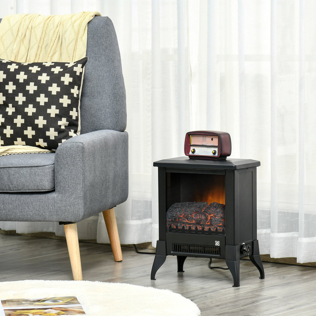 Black electric stove with open front and flames