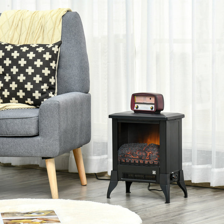 Black electric stove with open front and flames