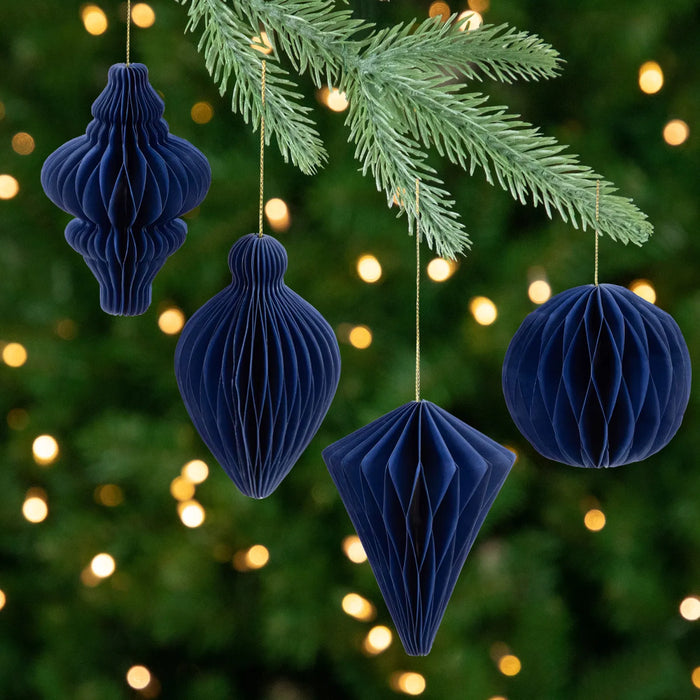 Hendrano Set of 4 Navy Honeycomb Paper Christmas Ornaments