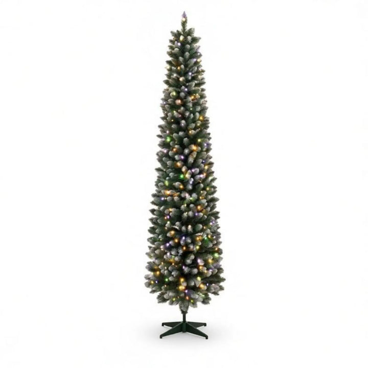 Tall slim frosted pre-lit pencil tree