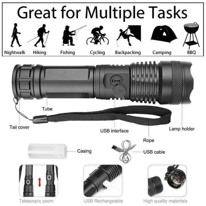 Hendrano™ Rechargeable XHP50 LED Flashlight with Zoom and Battery Indicator