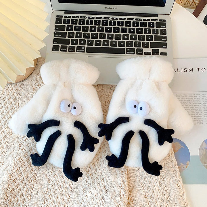 White fluffy plush mittens with cartoon face