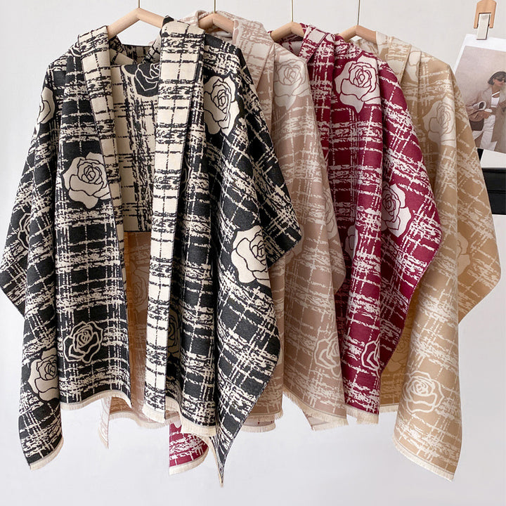 Wine red plaid shawl with roses