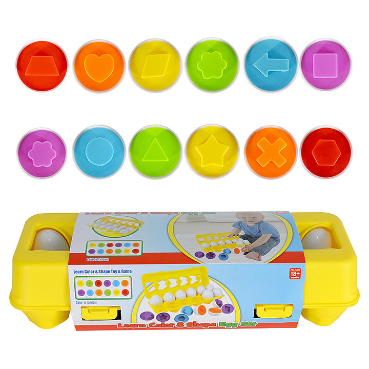 Twelve shape-matching toy eggs in carton