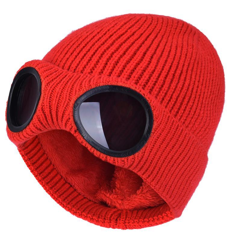 Knit beanie with flip-up goggles on front