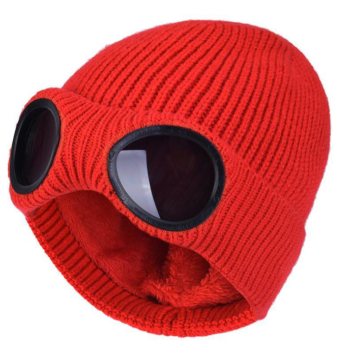 Knit beanie with flip-up goggles on front