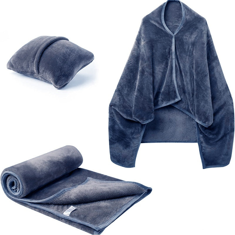 Fleece blanket worn as shawl with buttons