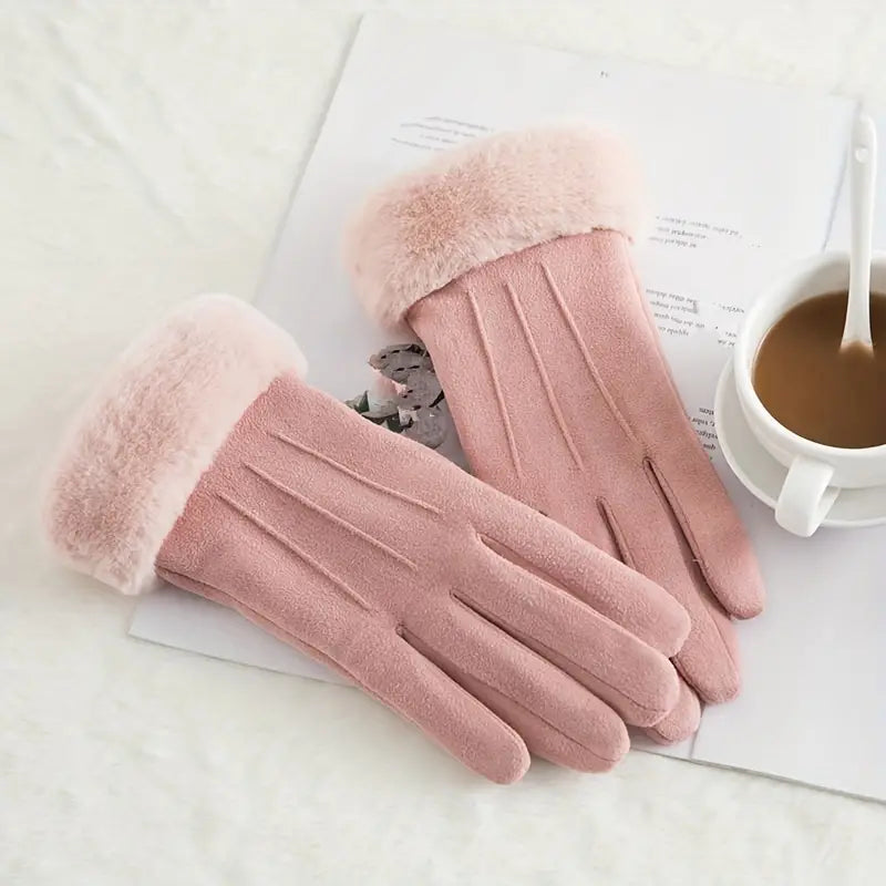 Warm Suede Gloves with Soft Velvet Lining and Plush Cuff