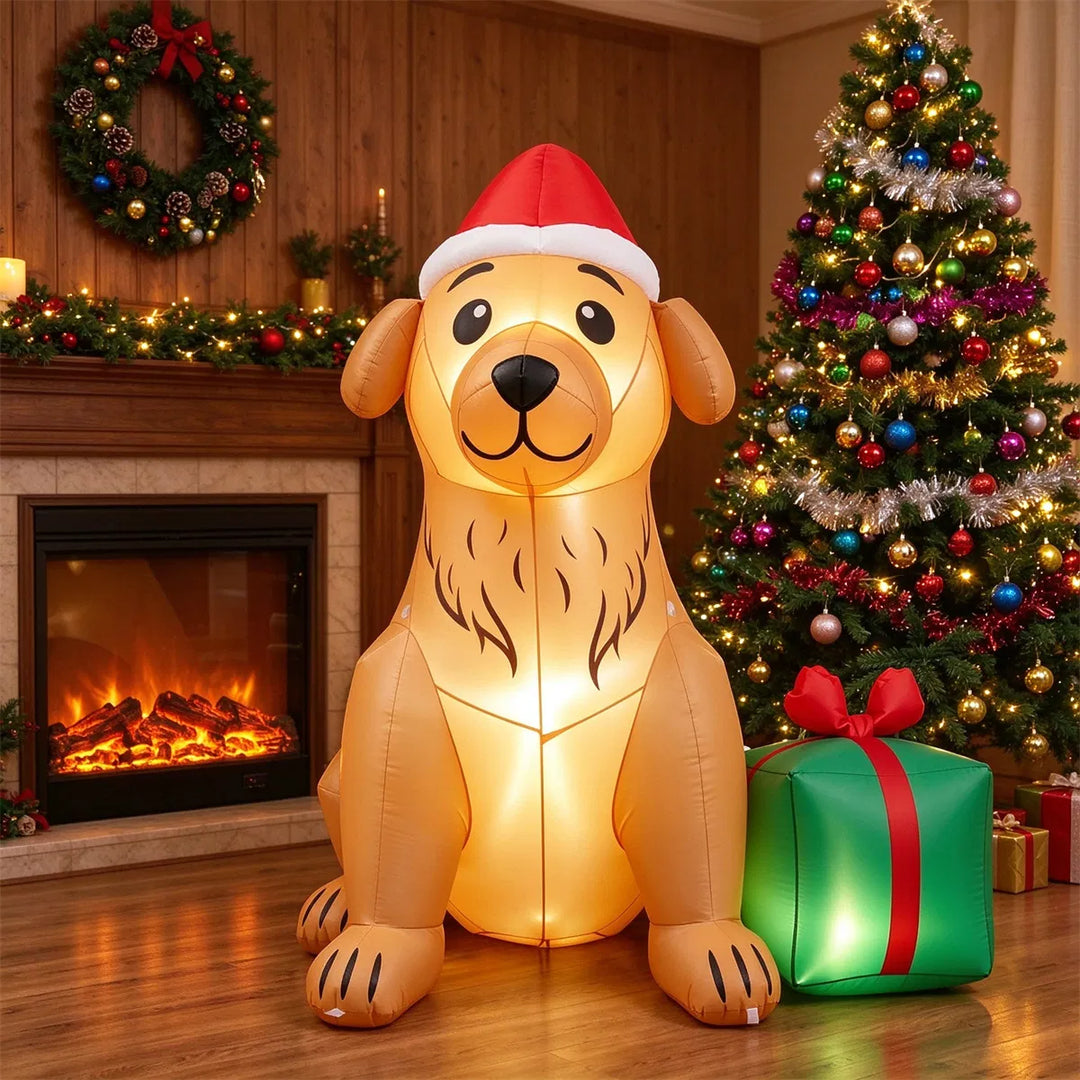 Inflatable golden retriever with Santa hat