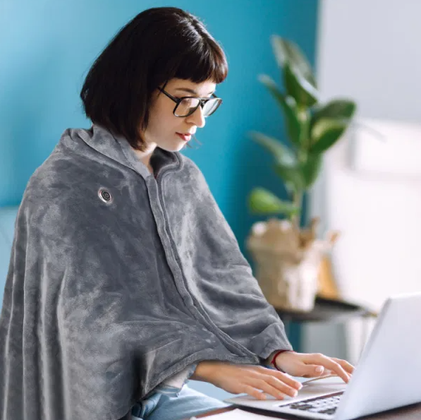 Gray heated poncho wrap with zipper