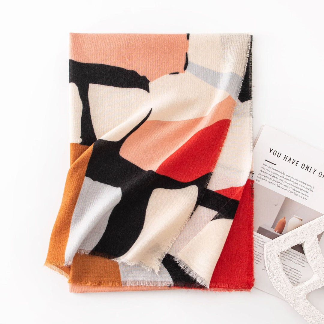Woman in a mauve abstract print scarf