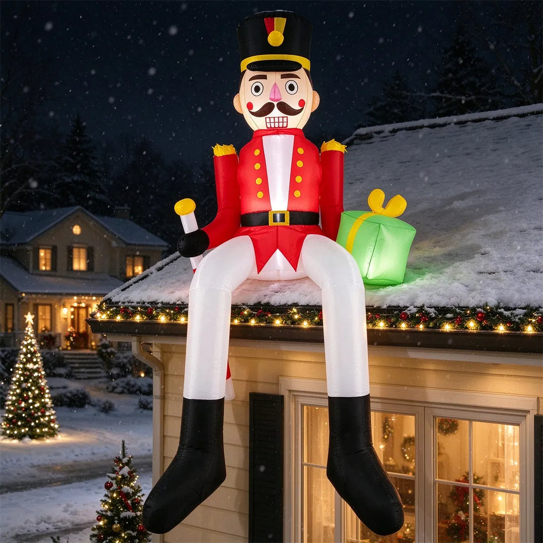 Giant inflatable sitting nutcracker lit up