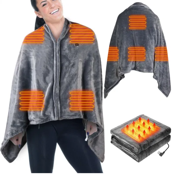 Gray heated poncho wrap with zipper