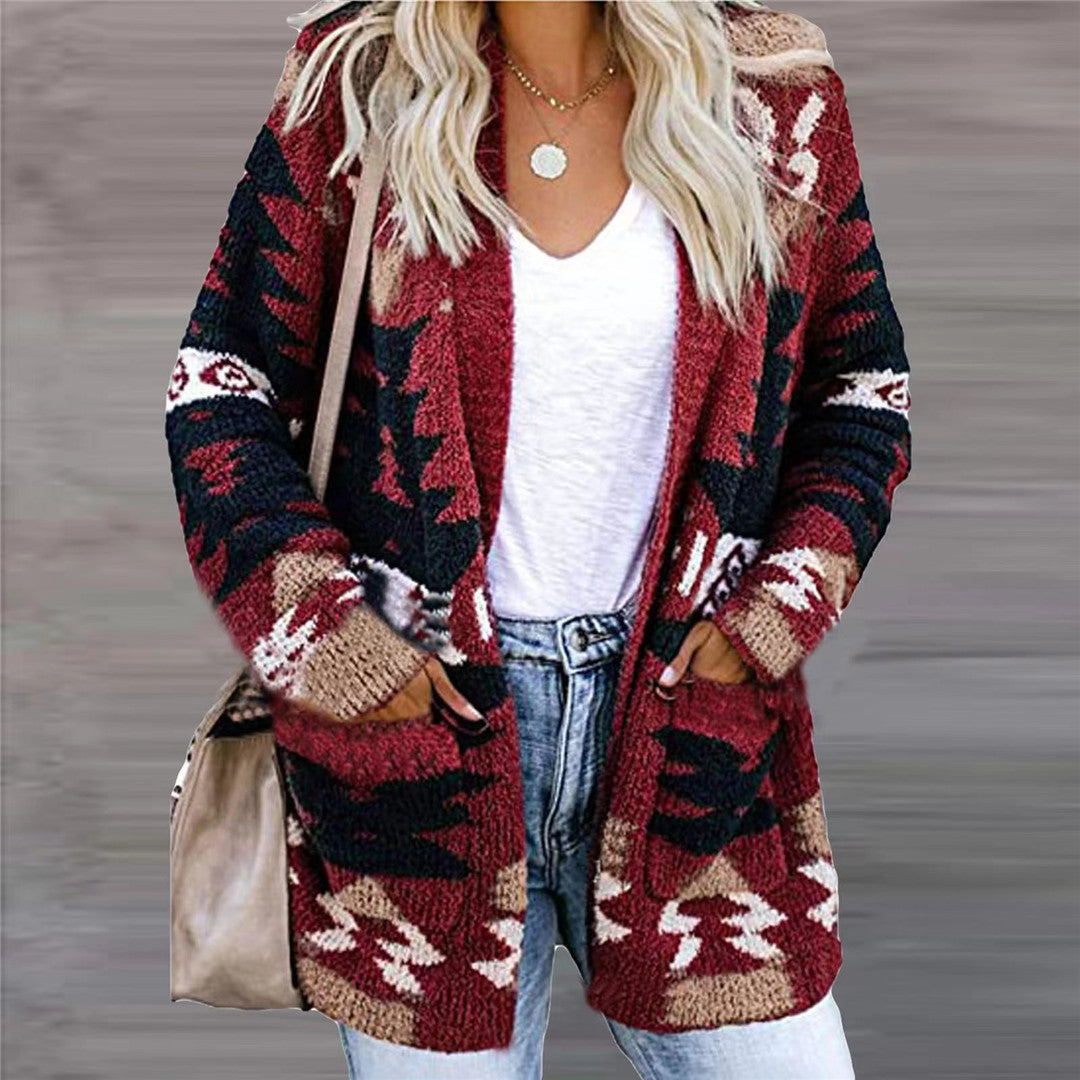 Woman in a geometric open-front cardigan