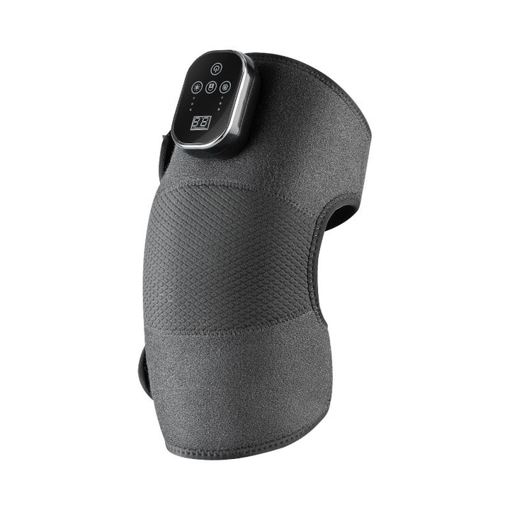 Gray heated wrap fastened around a knee