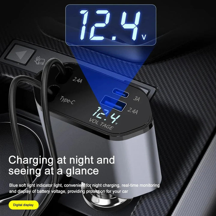 Hendrano™ 120W Car Charger with Retractable Cables and Voltage Display