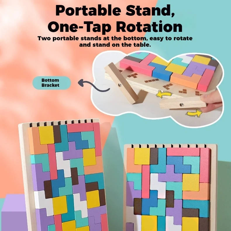 42-Piece Wooden Montessori Puzzle Blocks with 10 Pattern Cards