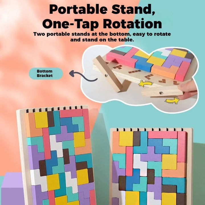 42-Piece Wooden Montessori Puzzle Blocks with 10 Pattern Cards