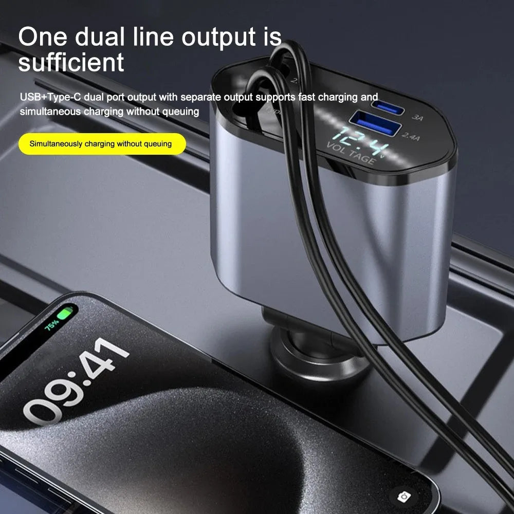 Hendrano™ 120W Car Charger with Retractable Cables and Voltage Display