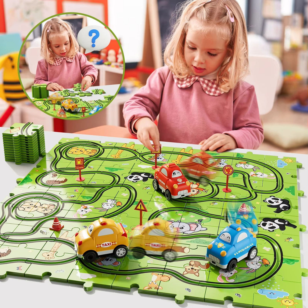 Animal Puzzle Race Track with 2 Battery Cars for Ages 2–6