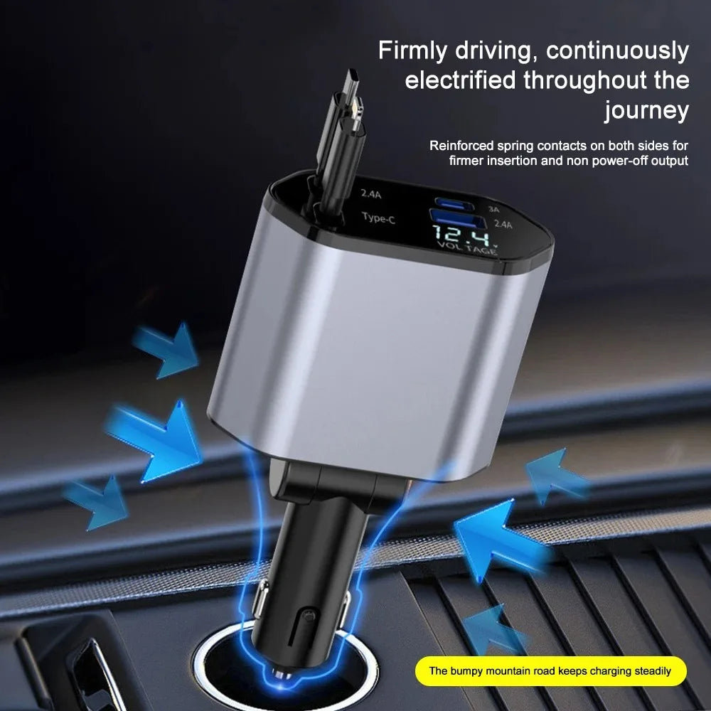 Hendrano™ 120W Car Charger with Retractable Cables and Voltage Display