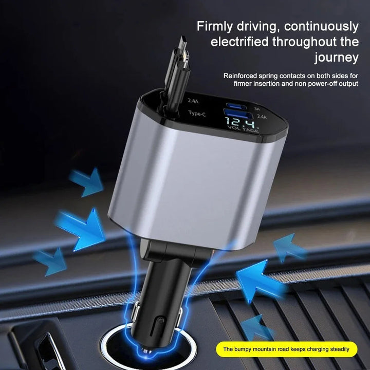 Hendrano™ 120W Car Charger with Retractable Cables and Voltage Display