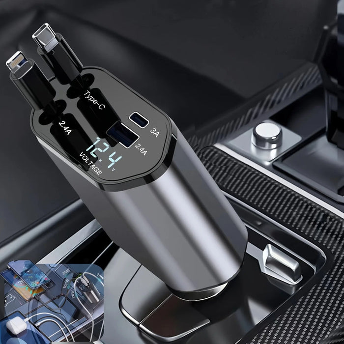 Hendrano™ 120W Car Charger with Retractable Cables and Voltage Display