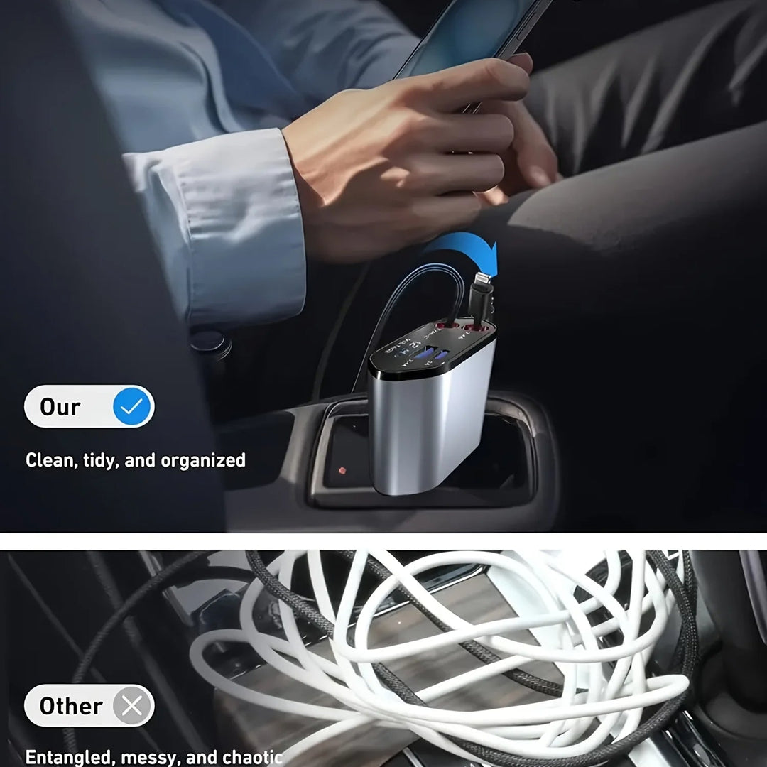 Hendrano™ 120W Car Charger with Retractable Cables and Voltage Display