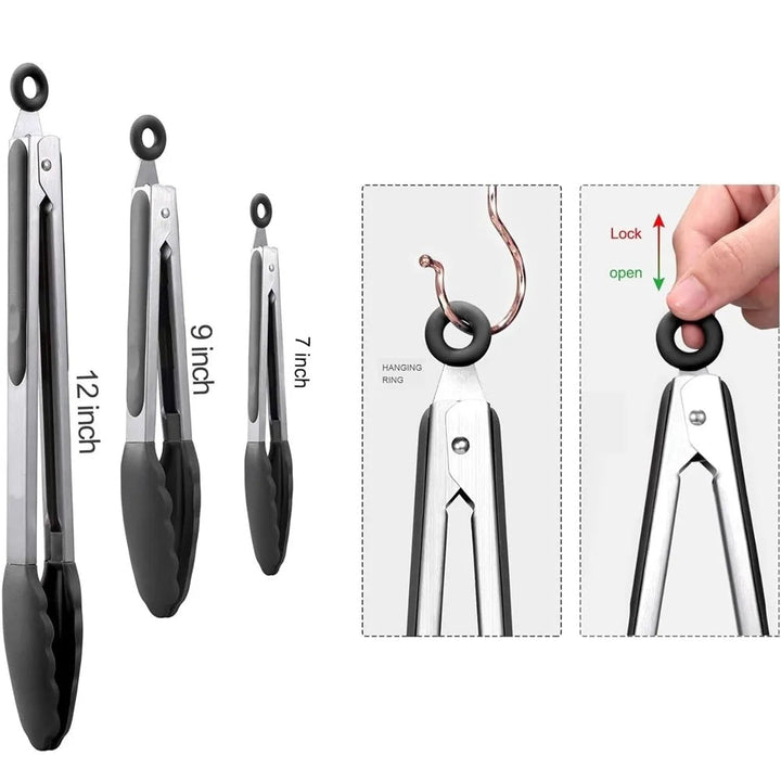 Silicone Kitchen Tongs Set of 3 with Locking Handles