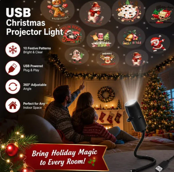 USB projector casting Christmas patterns on a ceiling