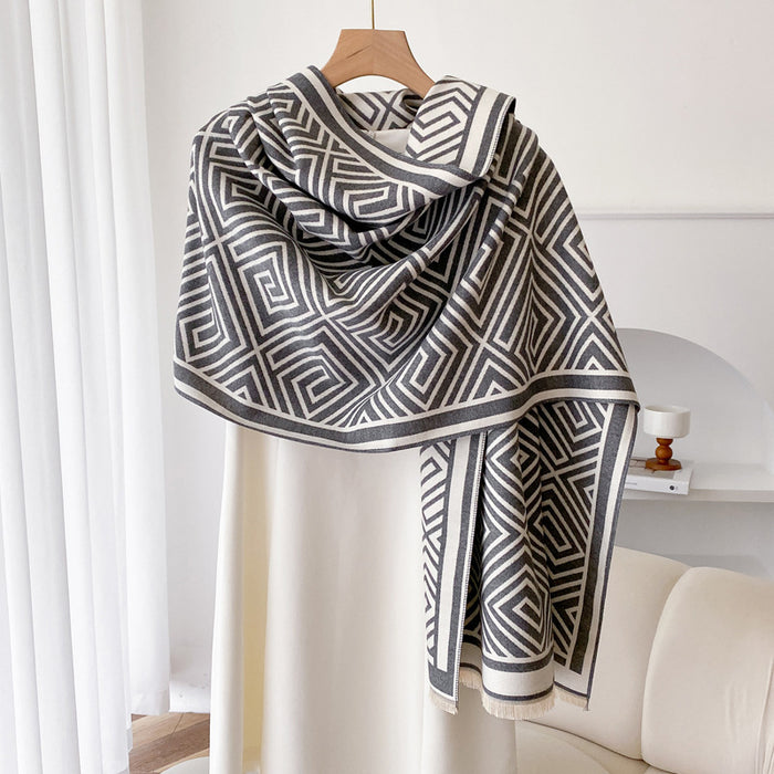 Hendrano Wearable Fringe Shawl Cape with Geometric Pattern