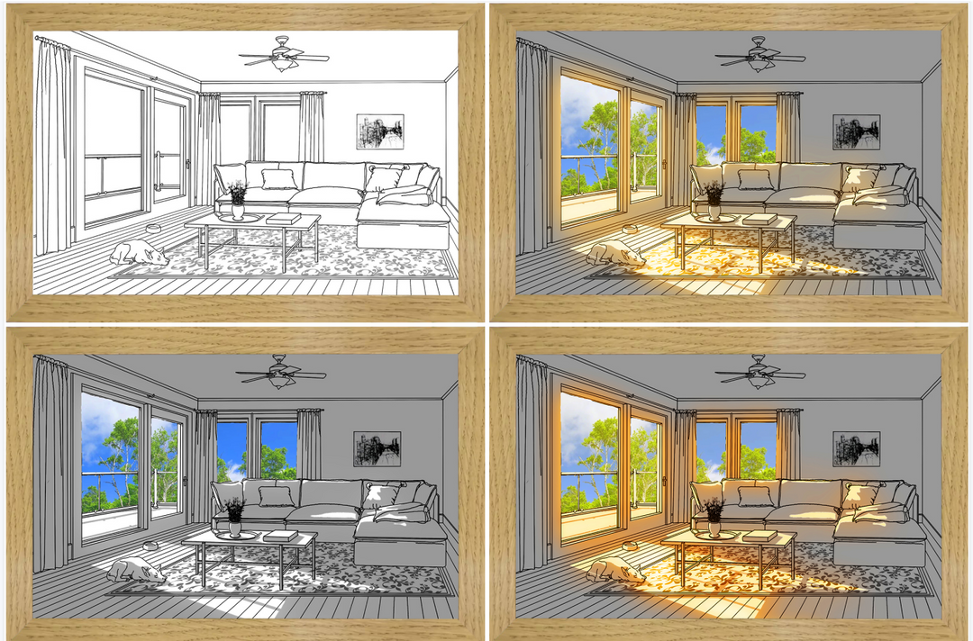 LED light painting of sunlit room