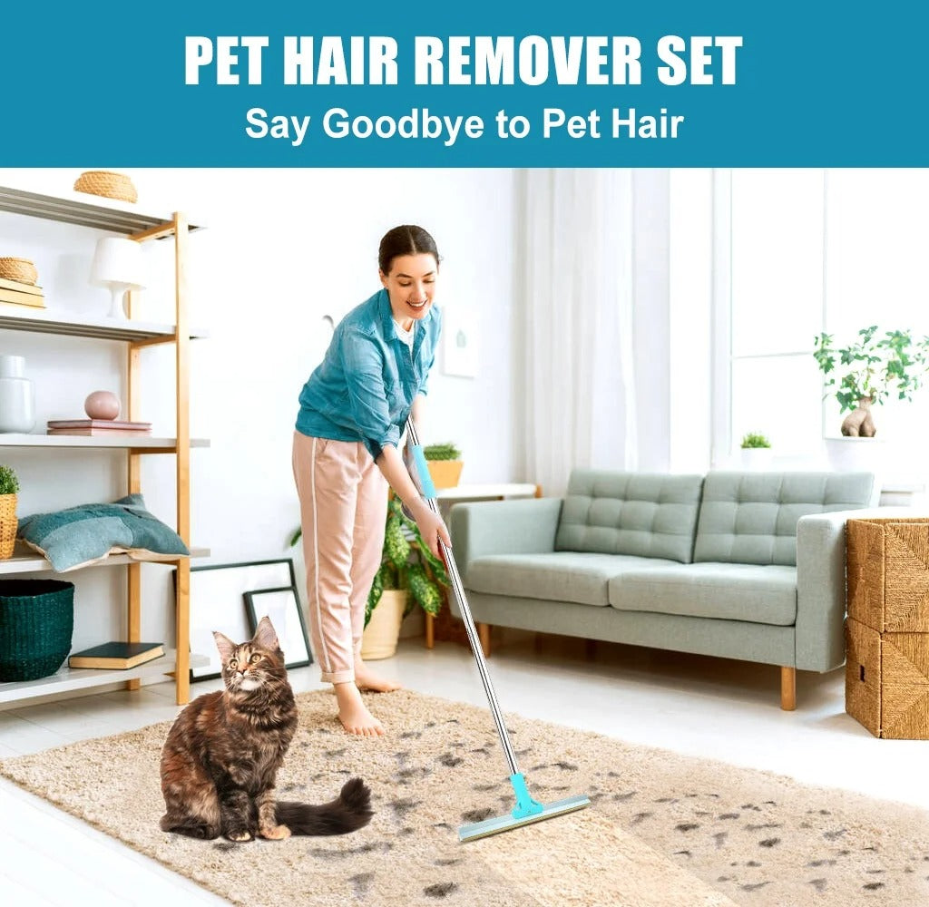 3-Piece Pet Hair Remover Set with Extendable Carpet Rake