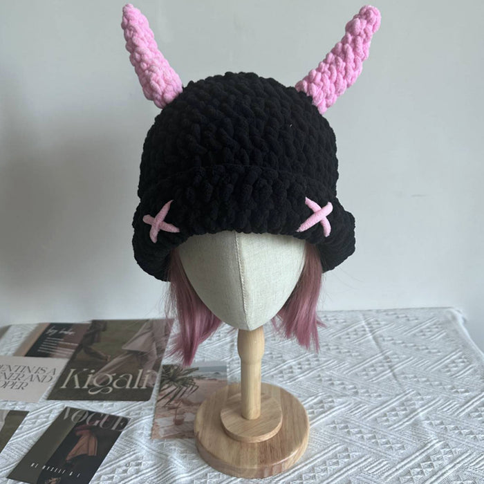 Hendrano Hand-Crocheted Devil Horn Bucket Hat, Chunky Knit